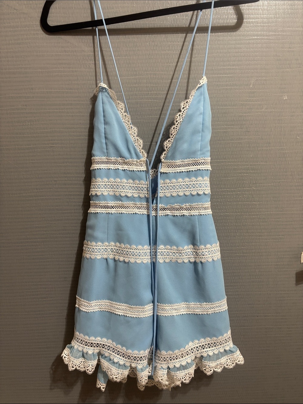 NBD Sky Blue Lace-Trim Shorts Romper